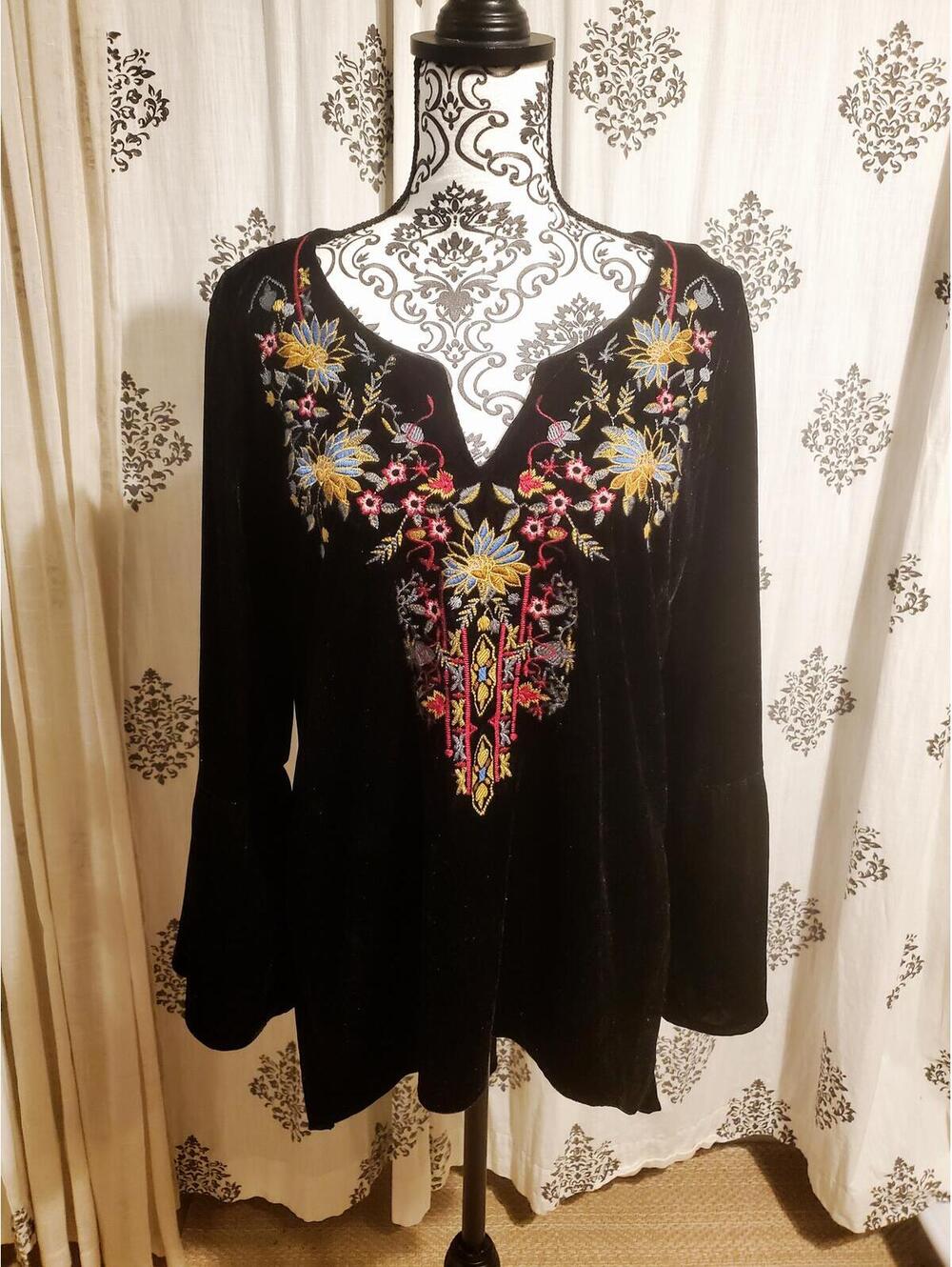 Black Velvet Tunic with Colorful Floral Embroidery